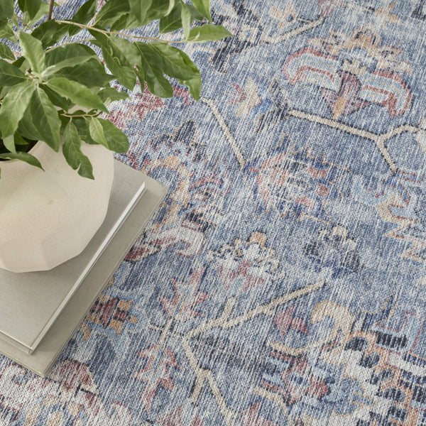 Homeroots 9' X 12' Blue And Gray Floral Medallion Power Loom Distressed Washable Area Rug  Cotton Blend 522427