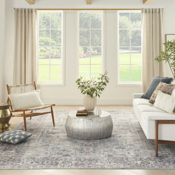 Homeroots 9' X 12' Blue And Gray Floral Medallion Power Loom Distressed Washable Area Rug  Cotton Blend 522427