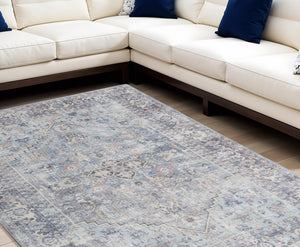 Homeroots 9' X 12' Blue And Gray Floral Medallion Power Loom Distressed Washable Area Rug  Cotton Blend 522427