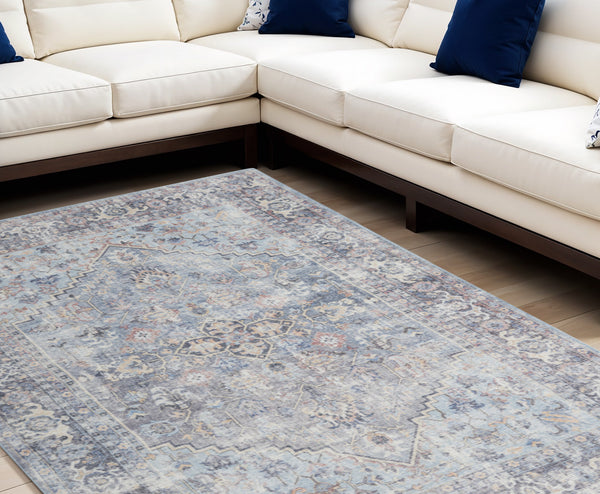 Homeroots 9' X 12' Blue And Gray Floral Medallion Power Loom Distressed Washable Area Rug  Cotton Blend 522427