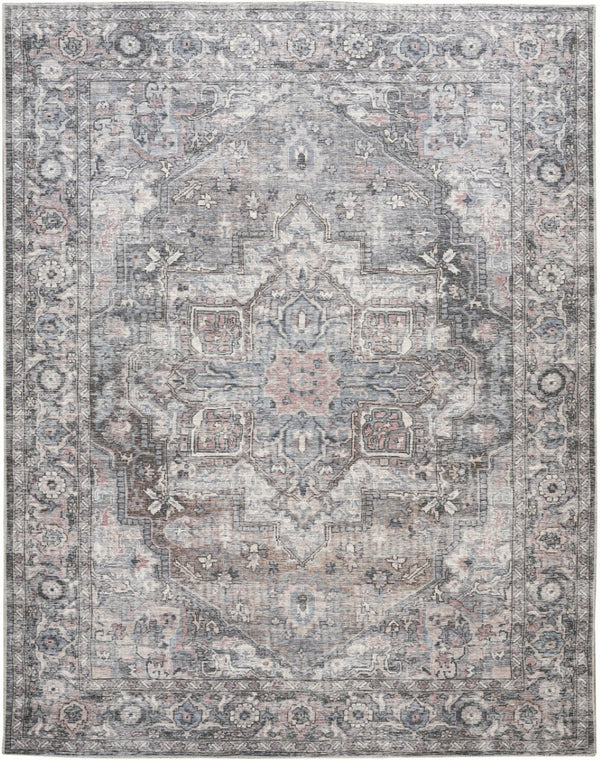 HomeRoots 9' Gray Floral Area Rug – Vintage-Inspired Power Loom Design, Washable, Durable Chenille-Cotton Blend 9' X 12' 522429