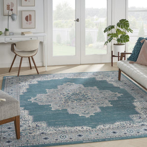 HomeRoots 8' Aqua Floral Power Loomed Area Rug – Vintage-Inspired, Distressed Design for Elegant Spaces 8' X 10' 522431