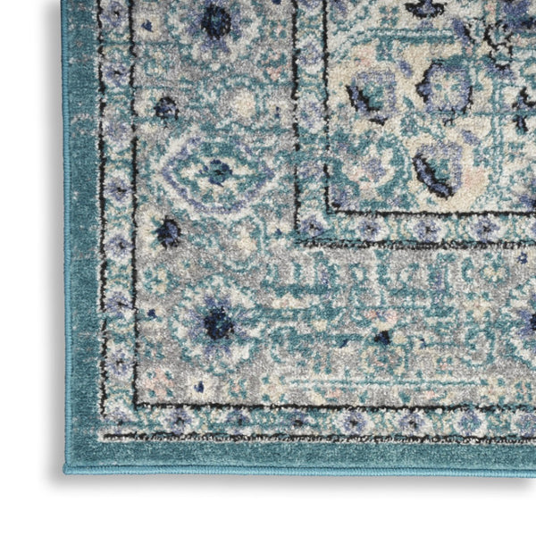 HomeRoots 8' Aqua Floral Power Loomed Area Rug – Vintage-Inspired, Distressed Design for Elegant Spaces 5' X 7' 522432
