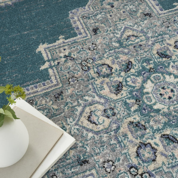 HomeRoots 8' Aqua Floral Power Loomed Area Rug – Vintage-Inspired, Distressed Design for Elegant Spaces 5' X 7' 522432