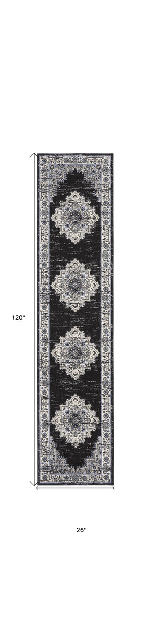 Homeroots 10' Runner Black And Ivory Floral Power Loom Distressed Runner Rug  Polypropylene 522459