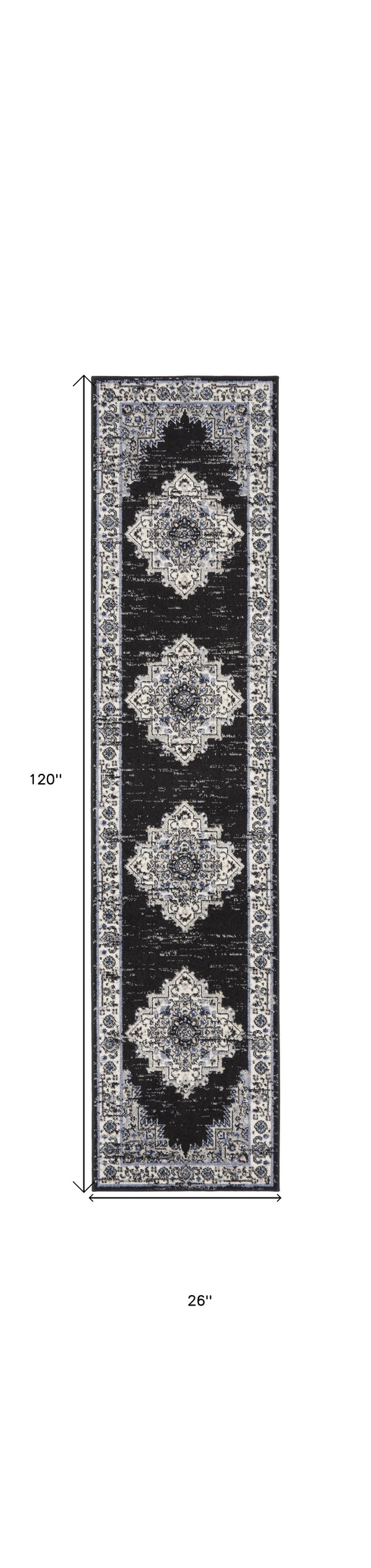 Homeroots 10' Runner Black And Ivory Floral Power Loom Distressed Runner Rug  Polypropylene 522459