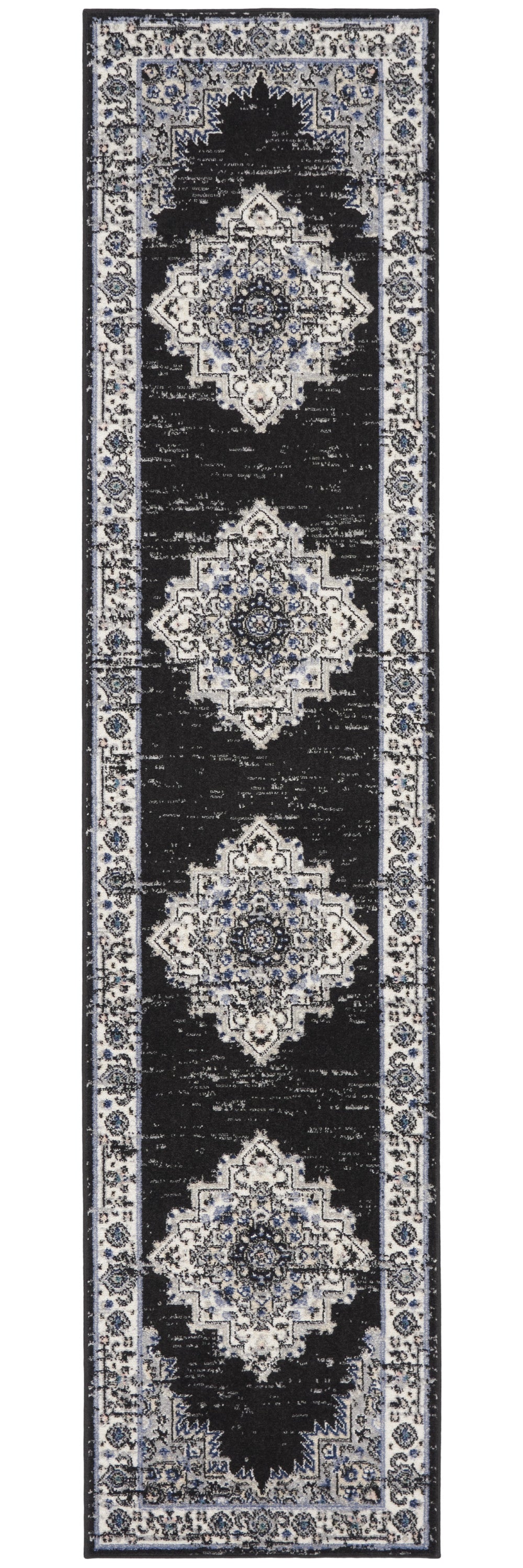 Homeroots 10' Runner Black And Ivory Floral Power Loom Distressed Runner Rug  Polypropylene 522459