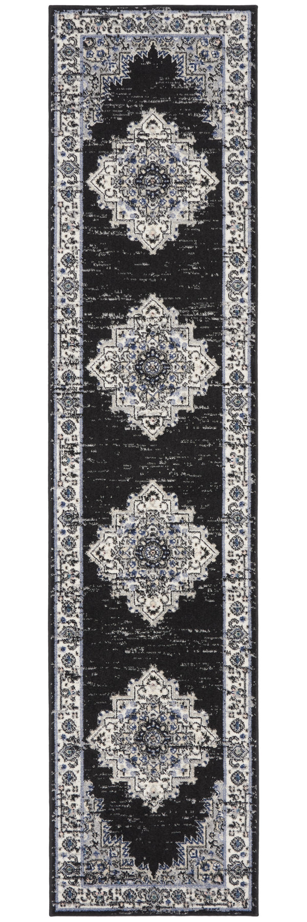 Homeroots 10' Runner Black And Ivory Floral Power Loom Distressed Runner Rug  Polypropylene 522459