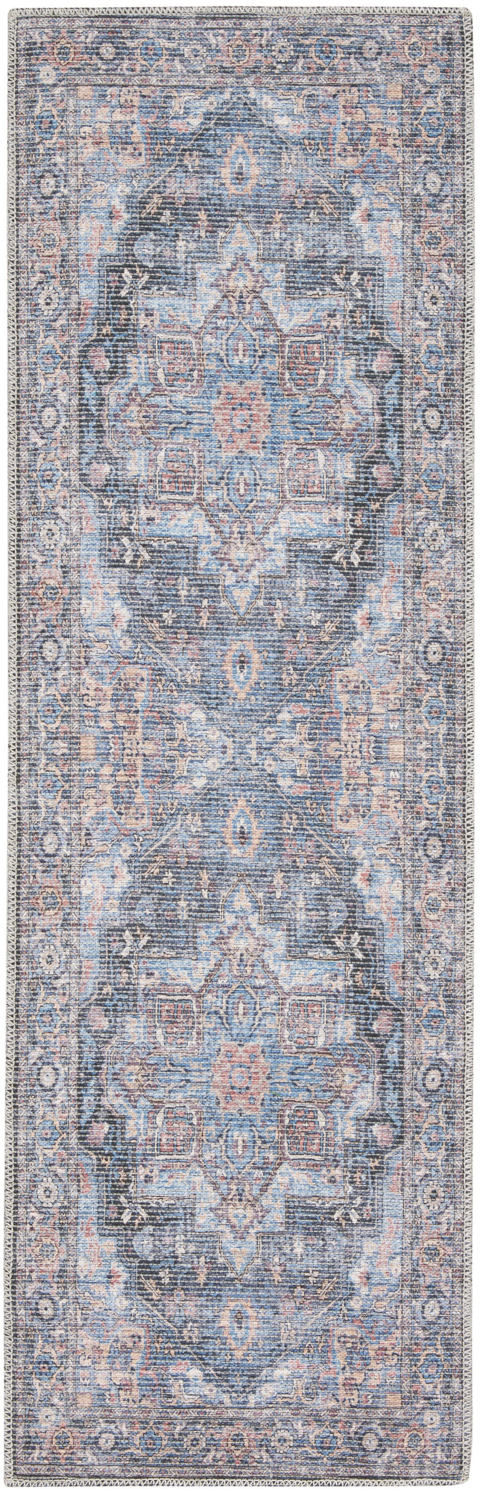 Homeroots 10' Blue Floral Power Loom Distressed Washable Runner Rug  Polyester 522463
