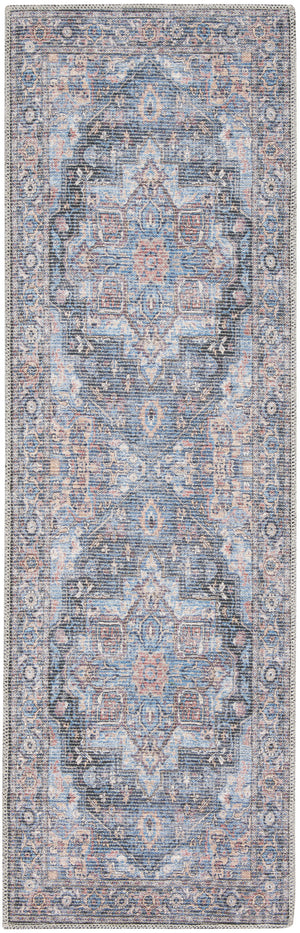 Homeroots 10' Blue Floral Power Loom Distressed Washable Runner Rug  Polyester 522463