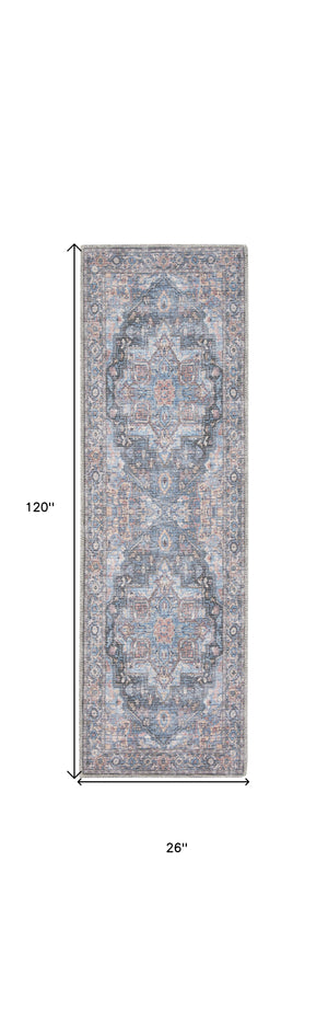 Homeroots 10' Blue Floral Power Loom Distressed Washable Runner Rug  Polyester 522463