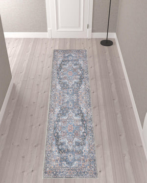 Homeroots 10' Blue Floral Power Loom Distressed Washable Runner Rug  Polyester 522463
