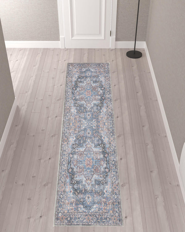 Homeroots 10' Blue Floral Power Loom Distressed Washable Runner Rug  Polyester 522463