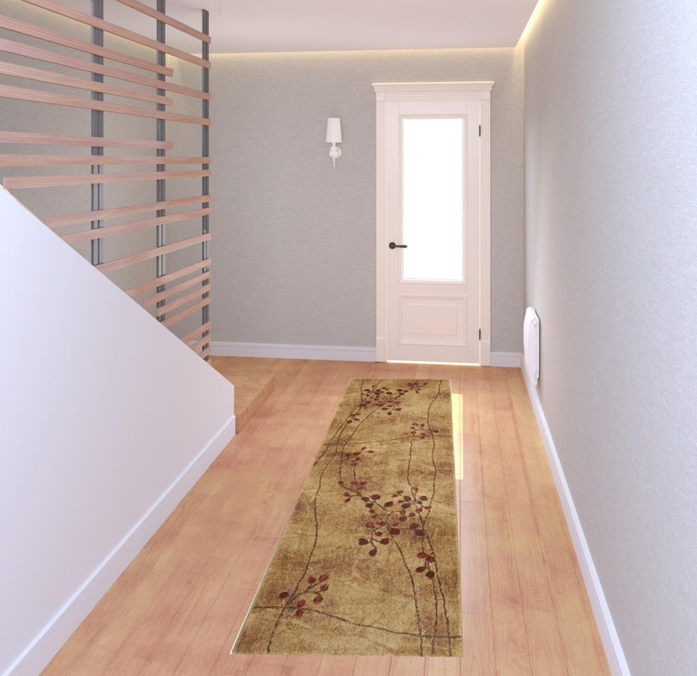 HomeRoots 8' Brown Floral Power Loom Runner Rug - Elegant Durable Design for Hallways & Entryways, Easy Care 522478
