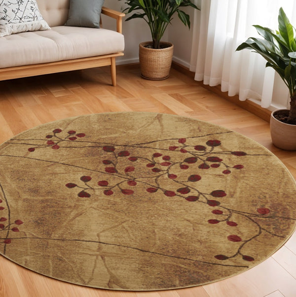 HomeRoots 8' Brown Floral Power Loomed Round Area Rug with Non-Skid Backing - Timeless Style for Any Room 522479