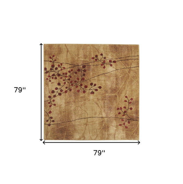 Homeroots 7' Brown And Red Square Floral Power Loom Area Rug  Polyester 522481