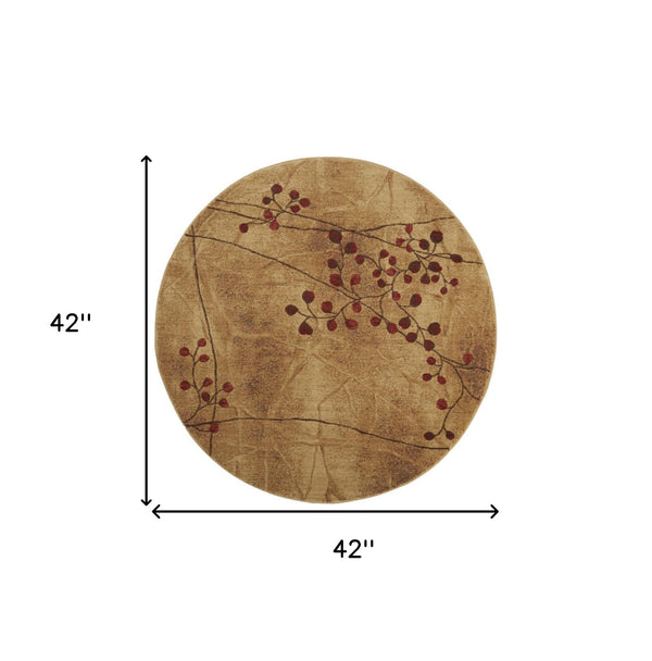 Homeroots 4' Brown Round Floral Power Loom Area Rug  Polyester 522486