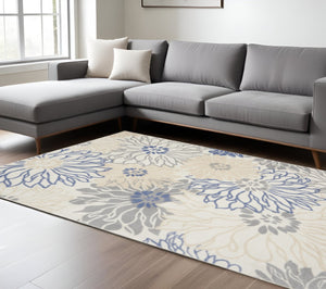 HomeRoots 8' Elegant Ivory Gray Blue Floral Area Rug – Timeless Charm for Living Spaces, Durable & Stylish Design 8' X 10' 522511