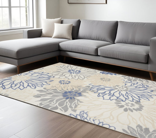 HomeRoots 8' Elegant Ivory Gray Blue Floral Area Rug – Timeless Charm for Living Spaces, Durable & Stylish Design 8' X 10' 522511