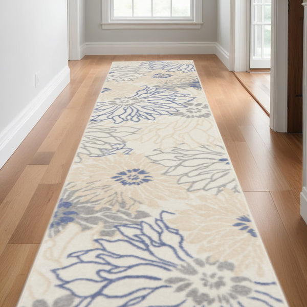 Homeroots 10' Runner Ivory And Blue Floral Power Loom Distressed Runner Rug  Polypropylene 522514
