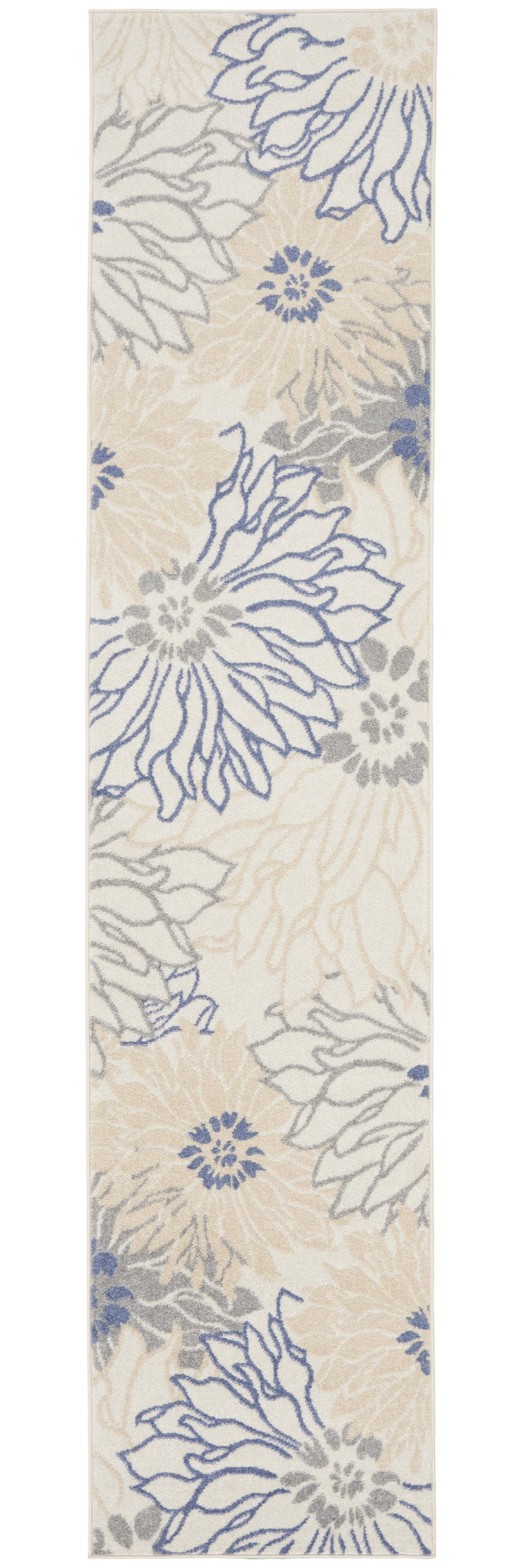 Homeroots 10' Runner Ivory And Blue Floral Power Loom Distressed Runner Rug  Polypropylene 522514