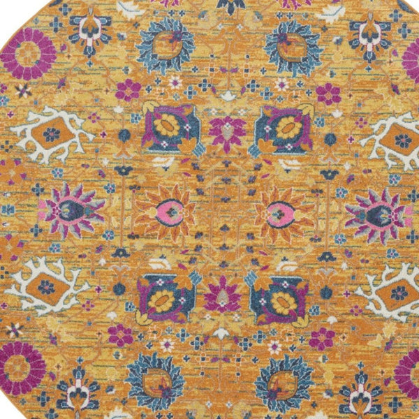 HomeRoots 9' Gold Floral Power Loom Area Rug - Timeless Elegance for Living Rooms, Bedrooms, and More! 8' Round Round 522531
