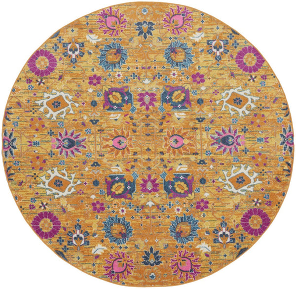 HomeRoots 9' Gold Floral Power Loom Area Rug - Timeless Elegance for Living Rooms, Bedrooms, and More! 8' Round Round 522531