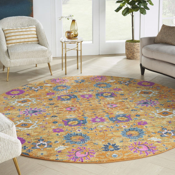 HomeRoots 9' Gold Floral Power Loom Area Rug - Timeless Elegance for Living Rooms, Bedrooms, and More! 8' Round Round 522531