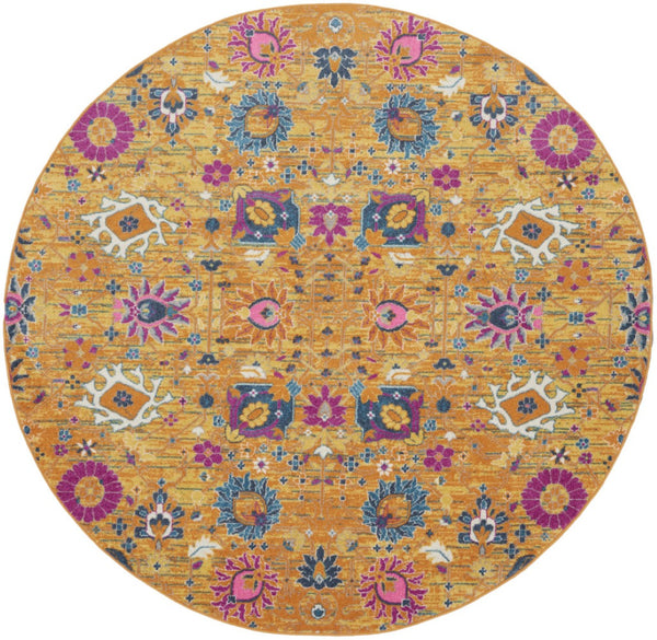 HomeRoots 9' Gold Floral Power Loom Area Rug - Timeless Elegance for Living Rooms, Bedrooms, and More! 8' Round Round 522531