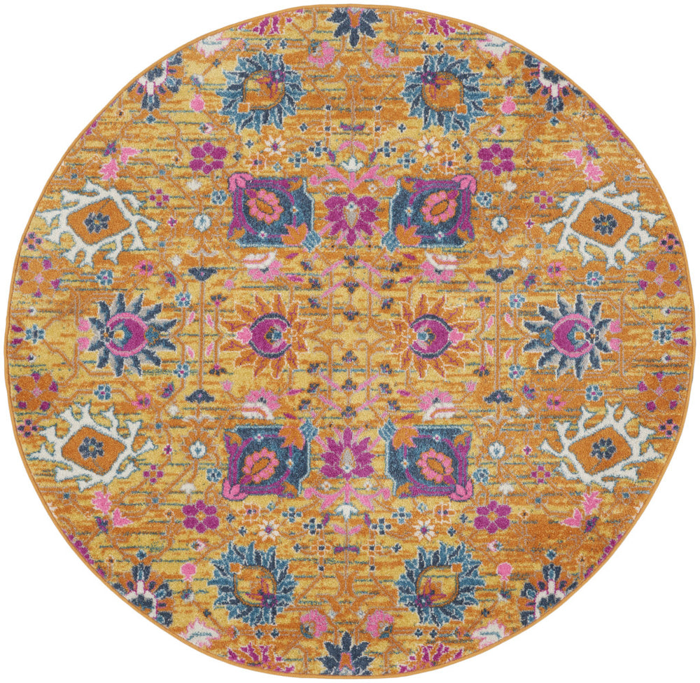Homeroots 5' Gold Round Floral Power Loom Area Rug  Polypropylene 522532