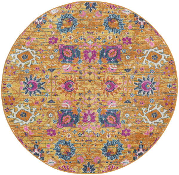 Homeroots 5' Gold Round Floral Power Loom Area Rug  Polypropylene 522532