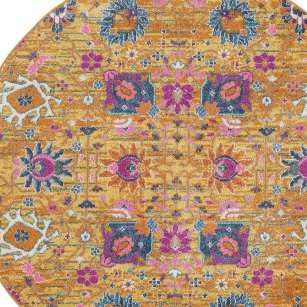 HomeRoots 9' Gold Floral Power Loom Area Rug - Timeless Elegance for Living Rooms, Bedrooms, and More! 5' Round Round 522532