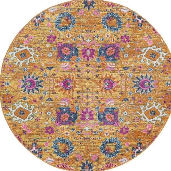 HomeRoots 9' Gold Floral Power Loom Area Rug - Timeless Elegance for Living Rooms, Bedrooms, and More! 5' Round Round 522532