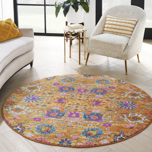 Homeroots 5' Gold Round Floral Power Loom Area Rug  Polypropylene 522532