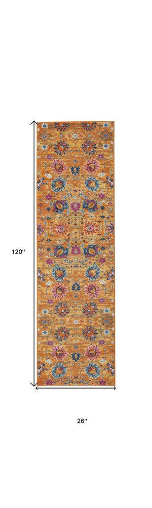 Homeroots 10' Gold Floral Power Loom Runner Rug  Polypropylene 522534