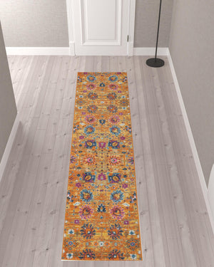 Homeroots 10' Gold Floral Power Loom Runner Rug  Polypropylene 522534