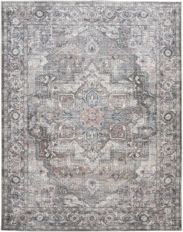 Homeroots 8' X 10' Gray Floral Power Loom Distressed Washable Area Rug  Polyester 522537