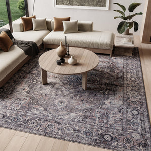 HomeRoots 9' Gray Floral Area Rug – Vintage-Inspired Power Loom Design, Washable, Durable Chenille-Cotton Blend 8' X 10' 522537