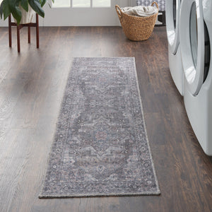 Homeroots 10' Gray Floral Power Loom Distressed Washable Runner Rug  Polyester 522539