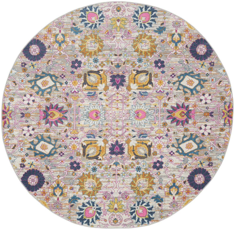 Homeroots 8' Gray Round Floral Power Loom Area Rug  Polypropylene 522540