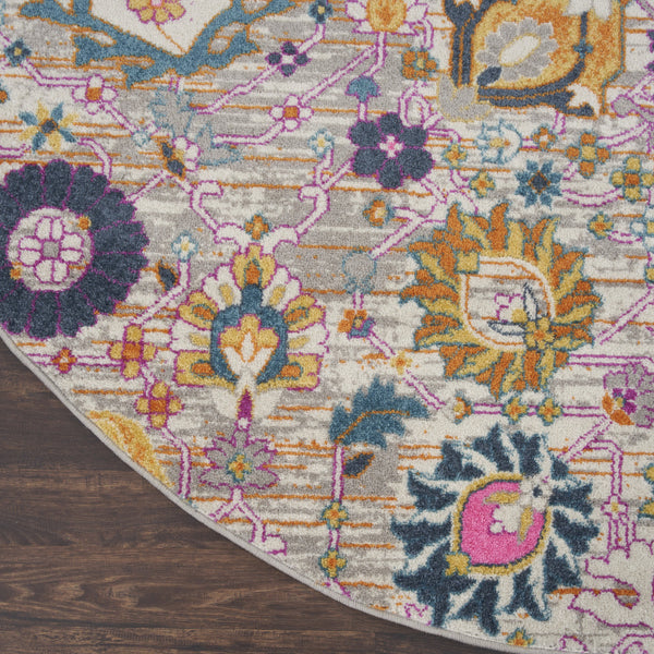 Homeroots 8' Gray Round Floral Power Loom Area Rug  Polypropylene 522540