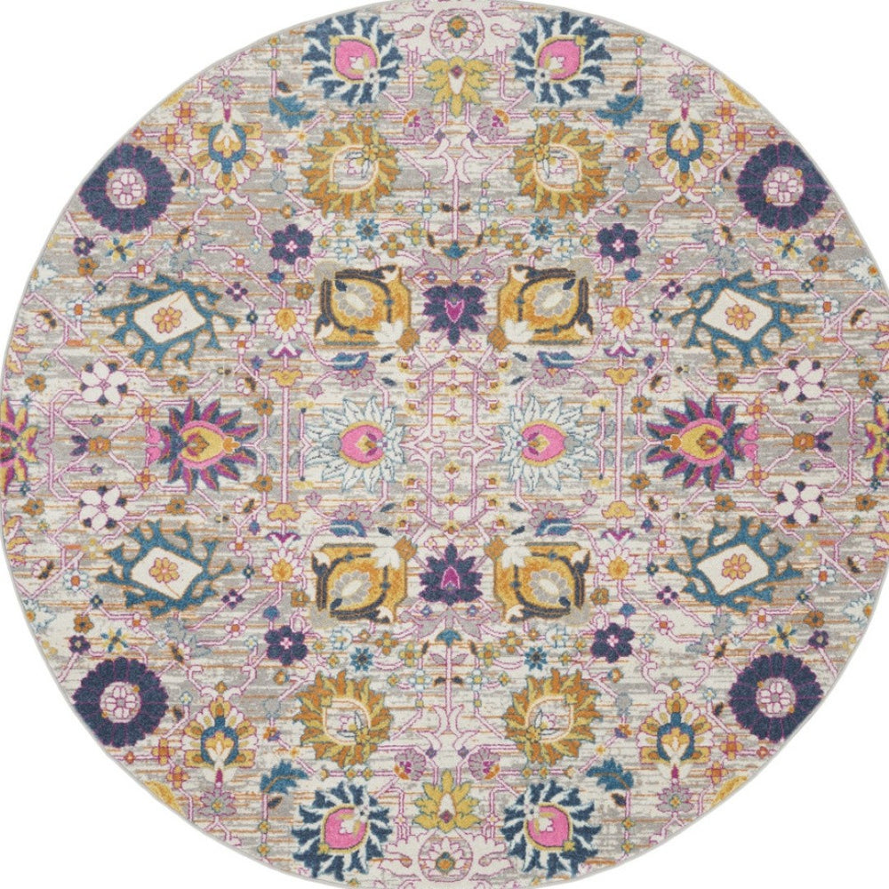 HomeRoots 8' Gray Round Floral Area Rug - Elegant, Durable Design for Living Rooms and Entryways, Easy Care 5' Round 522541