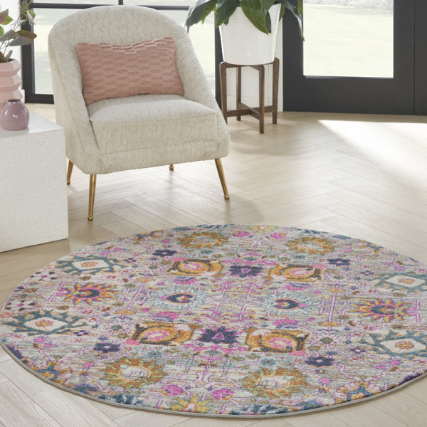 HomeRoots 8' Gray Round Floral Area Rug - Elegant, Durable Design for Living Rooms and Entryways, Easy Care 5' Round 522541
