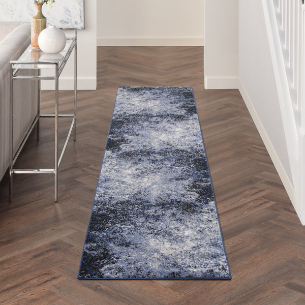 Homeroots 10' Runner Blue And Ivory Abstract Power Loom Distressed Runner Rug  Polypropylene 522557