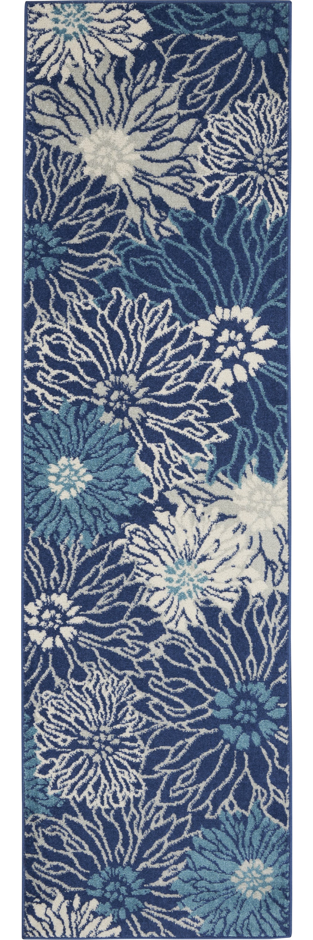 Homeroots 10' Navy Blue Floral Power Loom Runner Rug  Polypropylene 522558