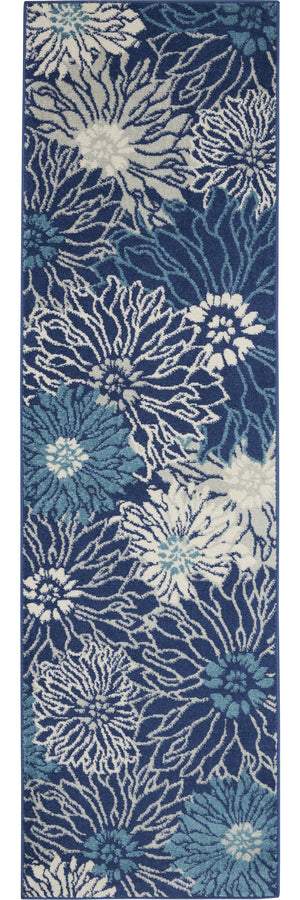 Homeroots 10' Navy Blue Floral Power Loom Runner Rug  Polypropylene 522558