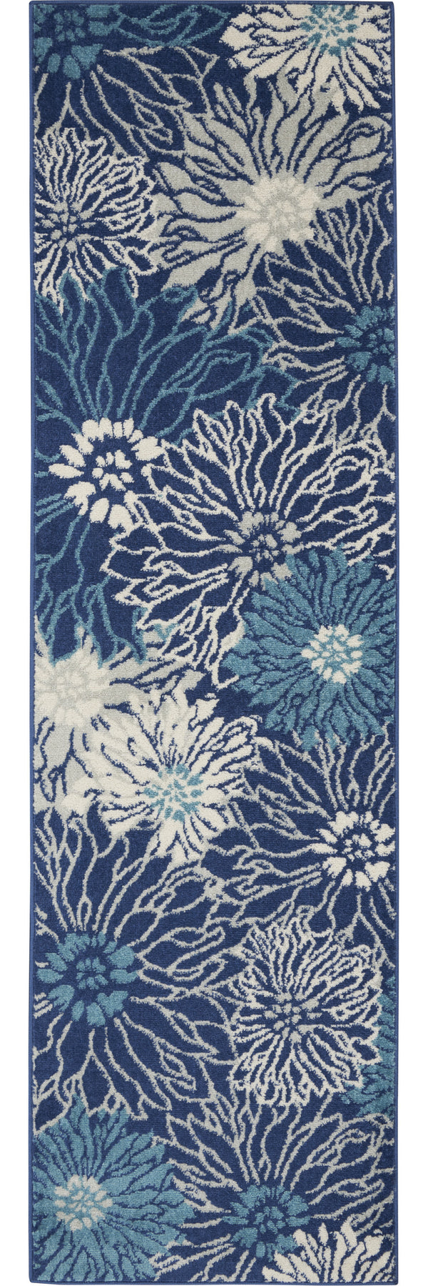 Homeroots 10' Navy Blue Floral Power Loom Runner Rug  Polypropylene 522558