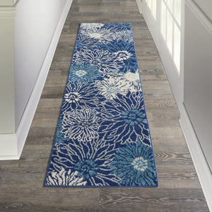Homeroots 10' Navy Blue Floral Power Loom Runner Rug  Polypropylene 522558