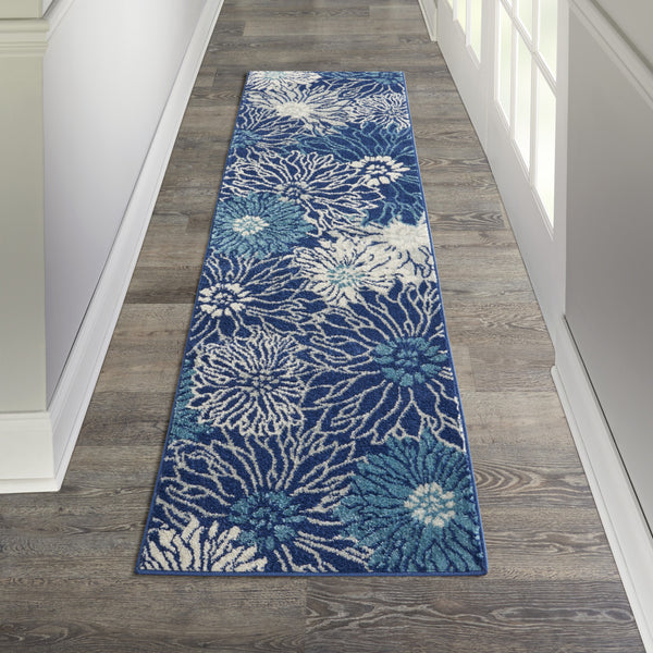 Homeroots 10' Navy Blue Floral Power Loom Runner Rug  Polypropylene 522558