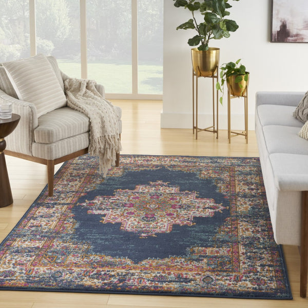 HomeRoots 8' Navy Blue Floral Area Rug - Distressed Power Loom Construction for Timeless Style & Comfort 8' X 10' 522559